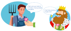 Un roi montre une pierre précieuse à un paysan qui ne reconnaît pas sa valeur. Cette image illustre le fait que la valeur d'une donnée dépend de l'utilité qu'on lui prête.